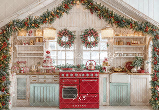 Kate Christmas Kitchen Cabinets Garland Wreath Red Stove Printed Backdrop Designed by Emetselch