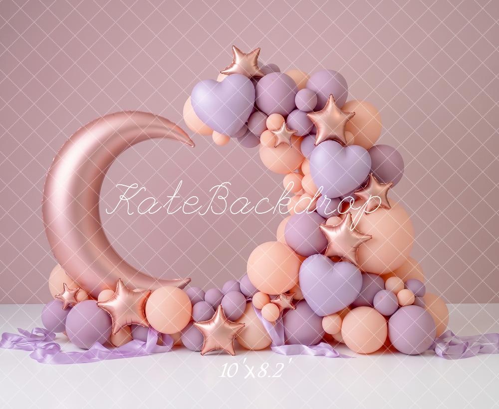 Kate Birthday Crescent Moon Stars Pink Pastel Balloon Printed Backdrop Designed by Angela Miller