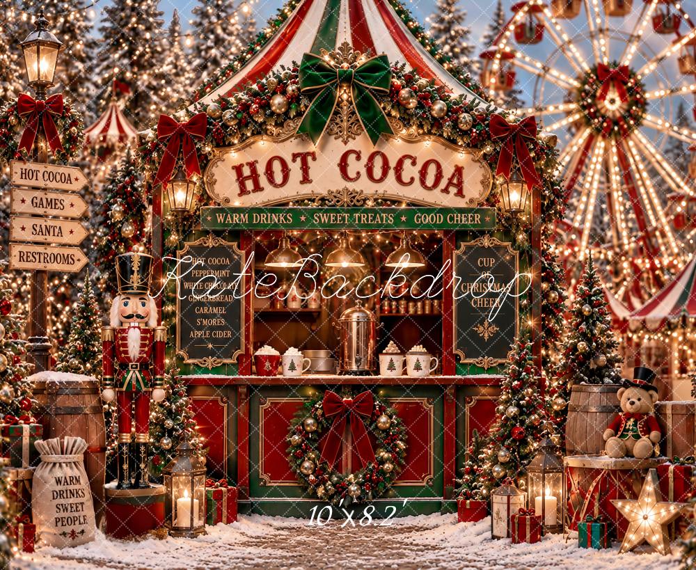 Kate Christmas Hot Cocoa Stand Ferris Wheel Nutcracker Snow Printed Backdrop Designed by Ashley Paul