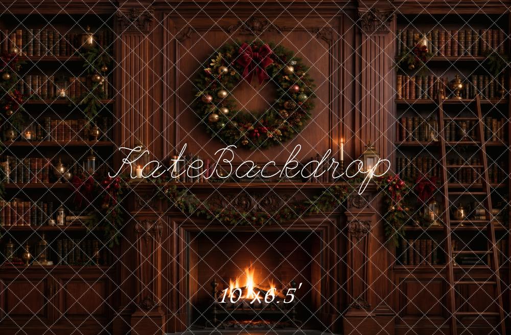 Kate Christmas Fireplace Library Wreath Printed Backdrop Designed by Vertigo Productions