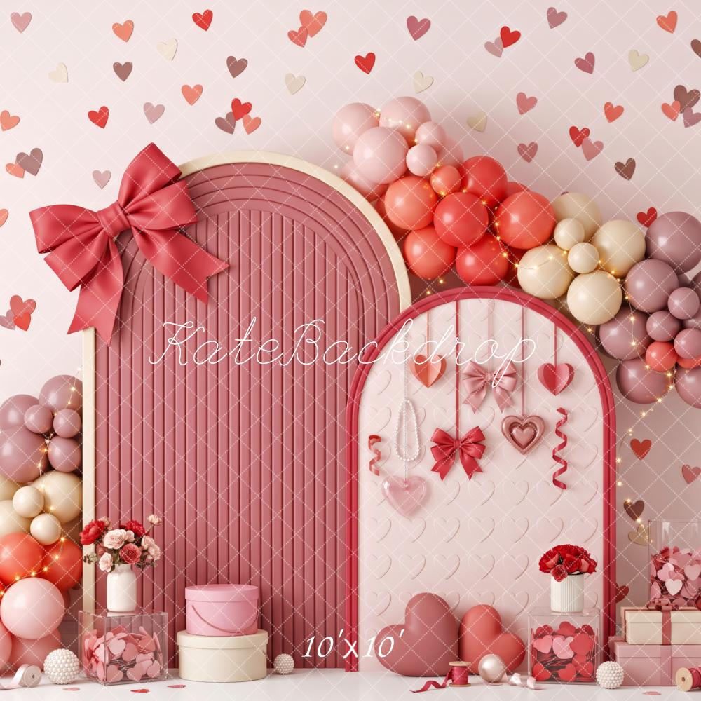 Kate Valentine's Day Cake Smash Pink Heart Balloon Arch Bow Printed Backdrop Designed by Patty Roberts