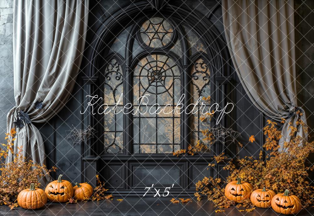 Kate Halloween Gothic Window Pumpkins Cobwebs Curtains Backdrop Designed by Emetselch