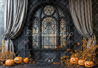 Kate Halloween Gothic Window Pumpkins Cobwebs Curtains Printed Backdrop Designed by Emetselch