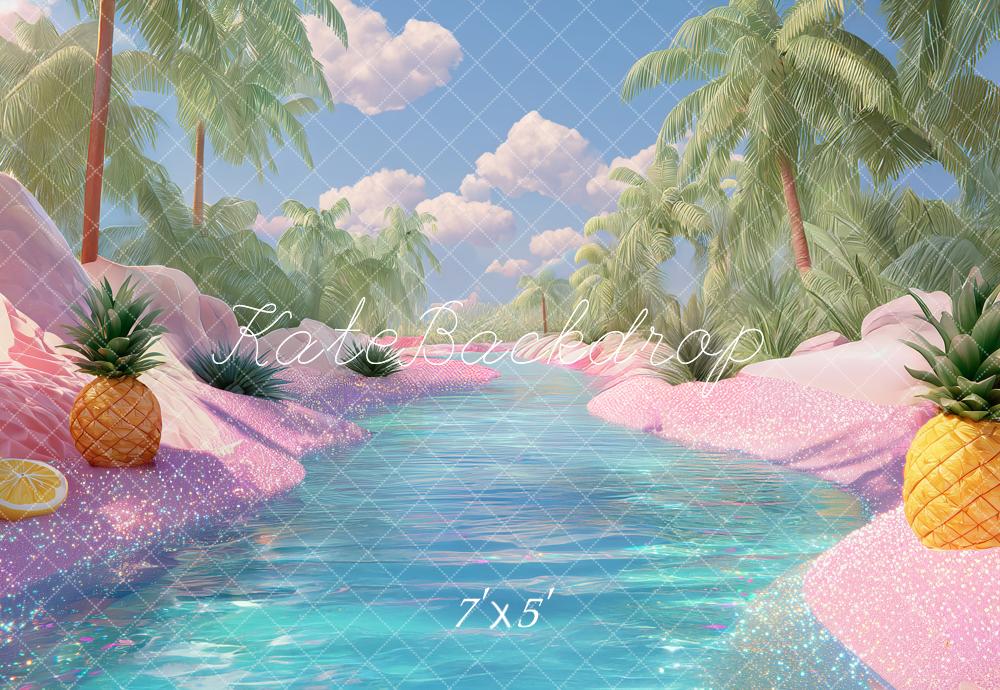 Kate Summer Tropical Pink Glitter Beach Pineapple Palm Trees Printed Backdrop Designed by Angela Miller