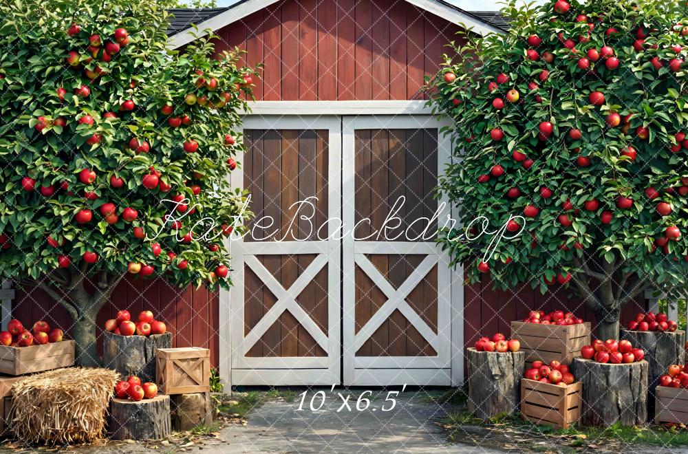 Kate Fall Red Barn Apple Trees Crates Hay Printed Backdrop Designed by Mini MakeBelieve
