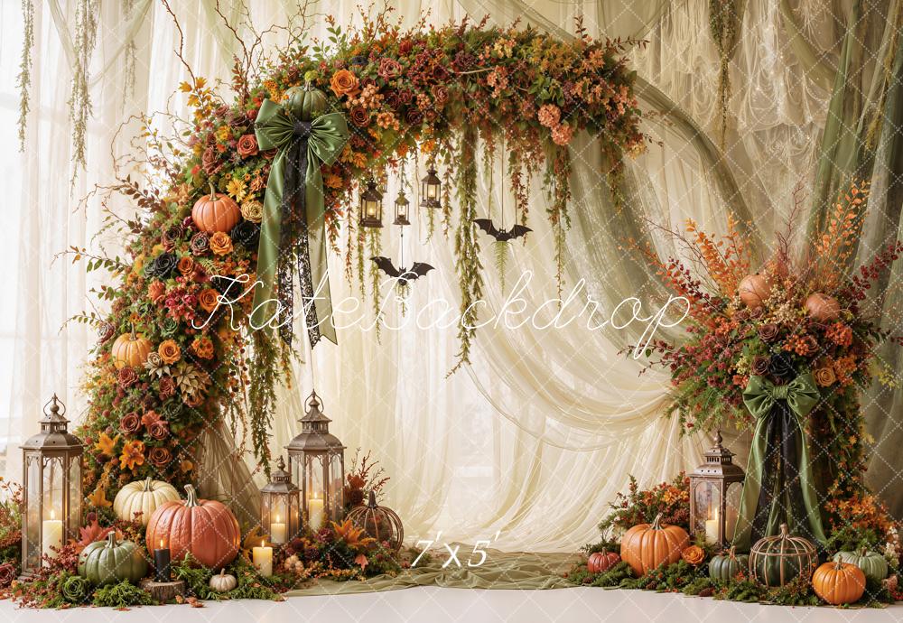 Kate Halloween Fall Green Drapes Pumpkins Flower Arch Lanterns Printed Backdrop Designed by Emetselch
