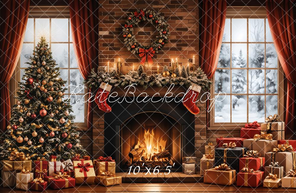 Kerstboom Openhaard Cadeaus Raam Foto Achtergrond Designed by Emetselch