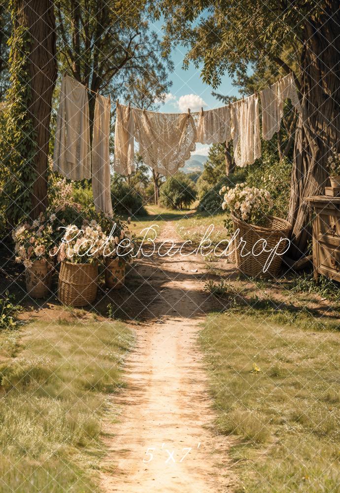 Kate Summer Country Path Laundry Clothesline Floral Baskets Backdrop Designed by Emetselch
