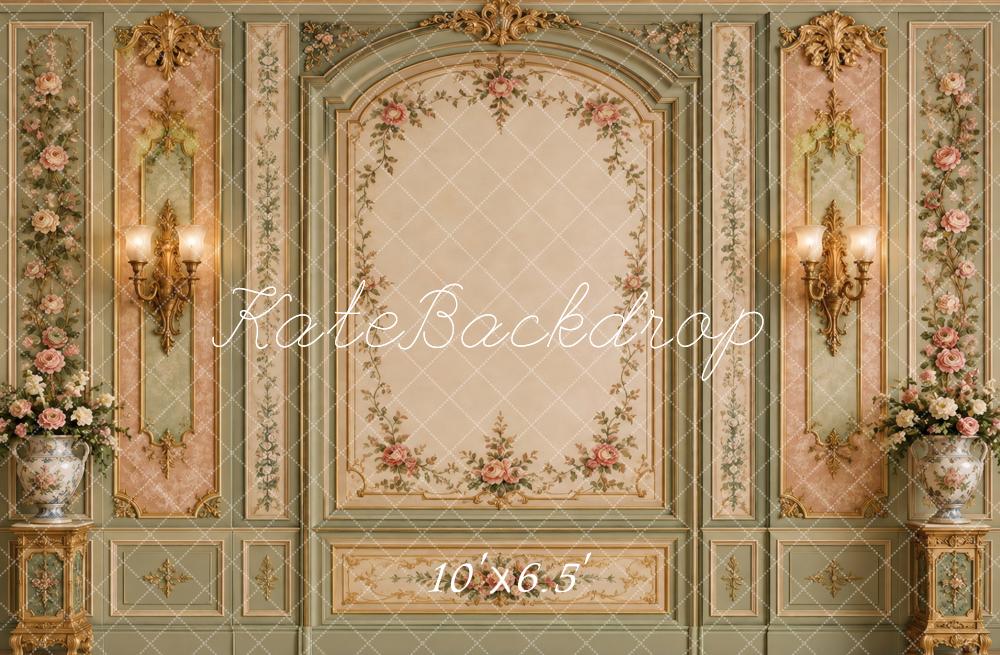 Kate Rococo Vintage Wall Floral Panels Arch Sconces Printed Backdrop Designed by Vertigo Productions