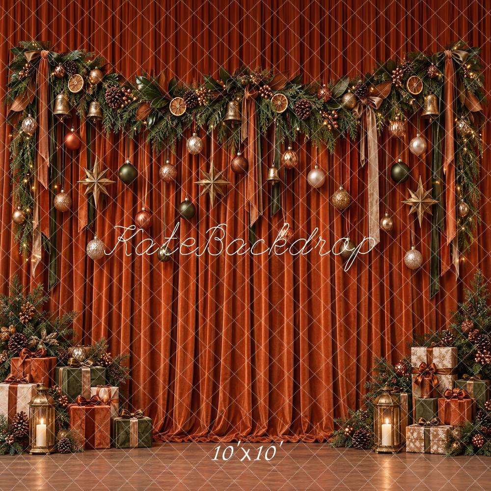 Kate Christmas Burnt Orange Velvet Curtain Ornaments Garland Lights Printed Backdrop Designed by Vertigo Productions