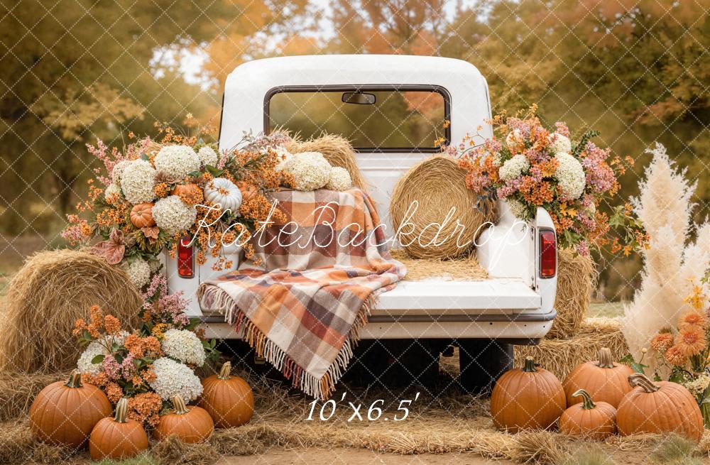 Kate Fall White Truck Pumpkins Hay Bales Flowers Printed Backdrop Designed by Emetselch