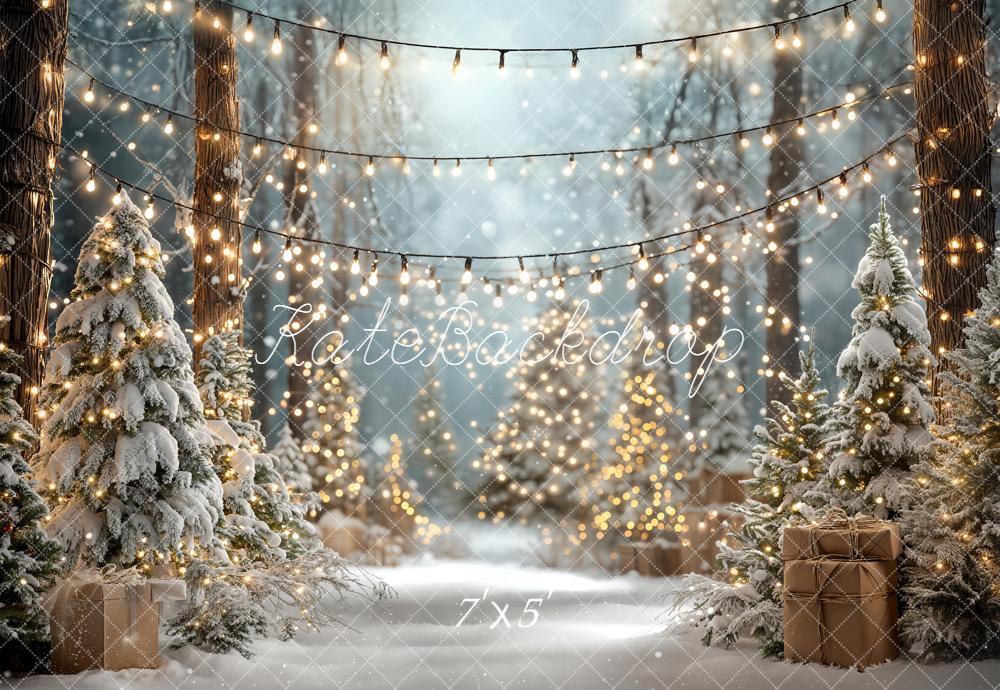 Kate Christmas Snowy Forest String Lights Trees Backdrop Designed by E