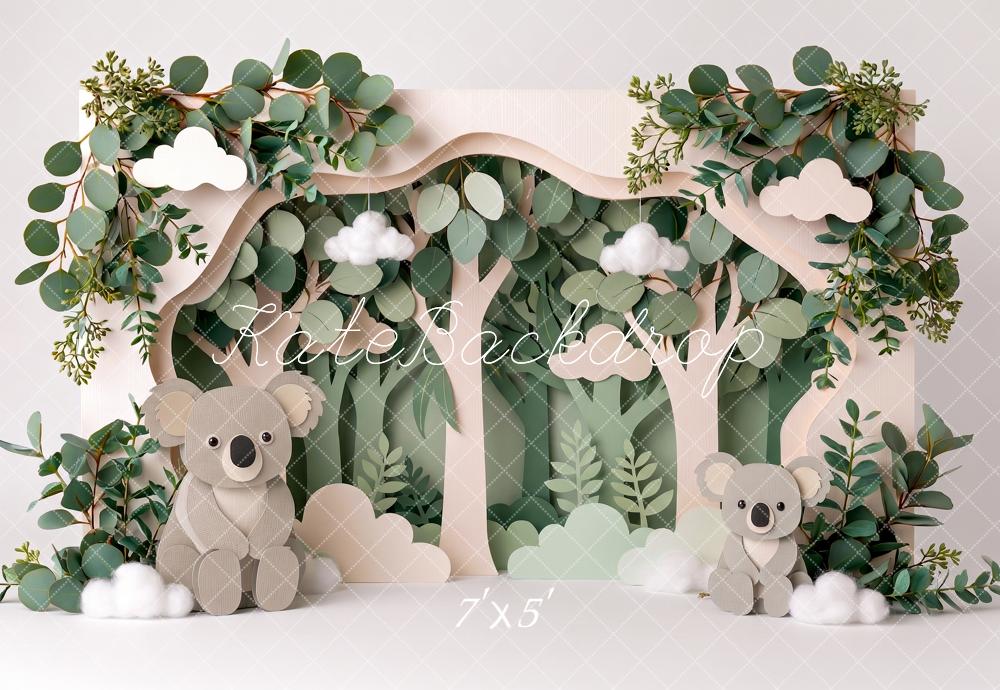 Kate Cake Smash Paper Forest Koala Eucalyptus Greenery Printed Backdrop Designed by Angela Miller