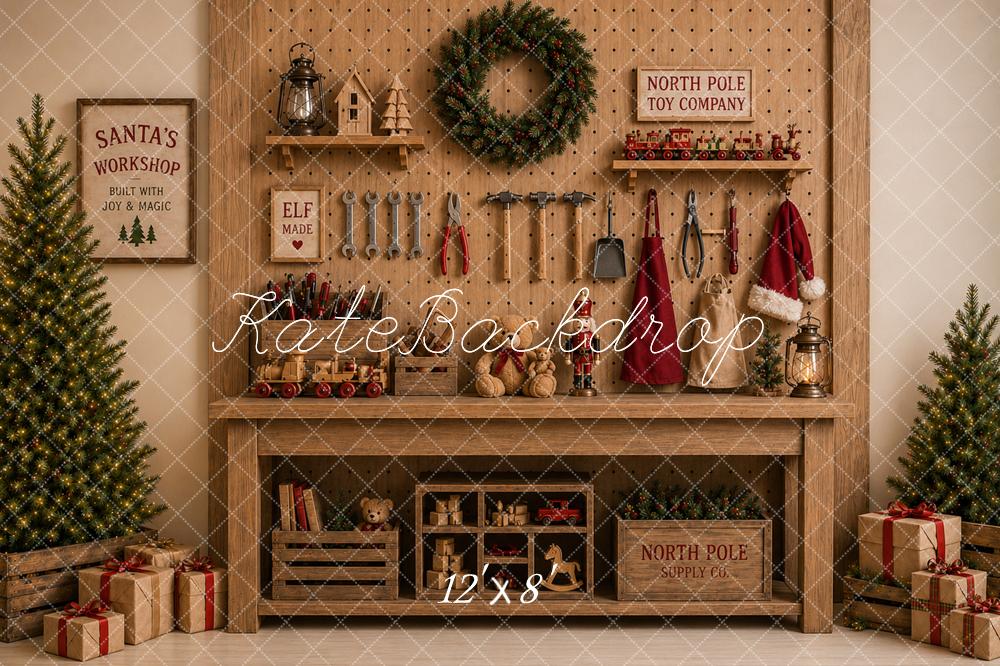 Kate Christmas Toy Workshop Wood Mantel Printed Backdrop Designed by Caitlin Lynch