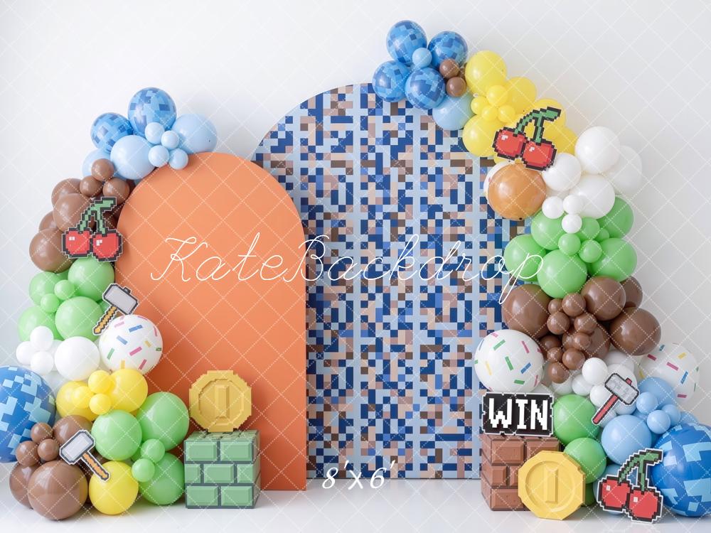 Kate Cake Smash Pixel Video Game Balloons Bricks Coins Blue Mosaic Printed Backdrop Designed by Mini MakeBelieve