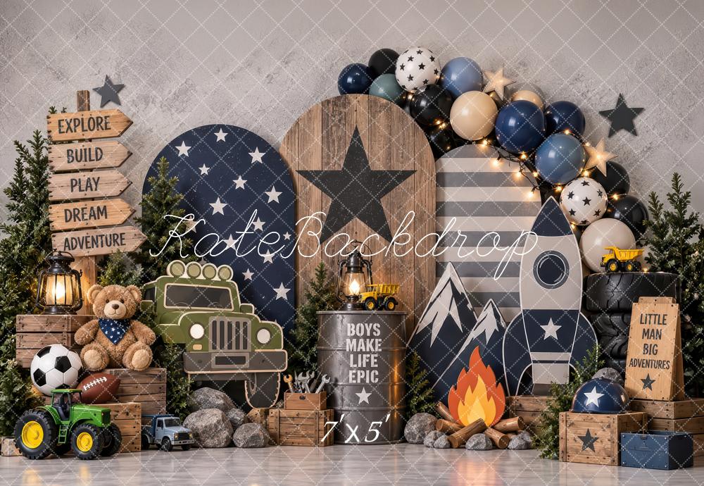 Kate Cake Smash Boys Adventure Rocket Campfire Gray Printed Backdrop Designed by Laura Bybee
