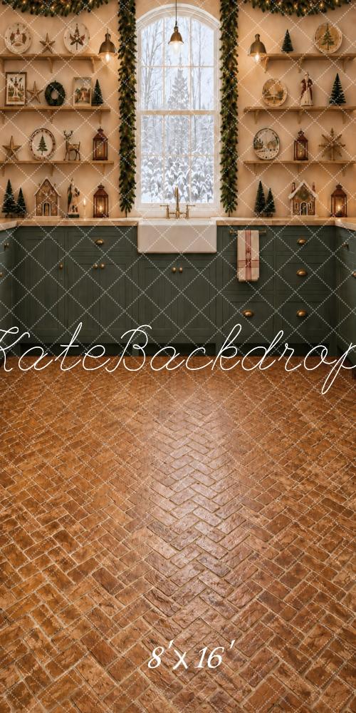 Kate Sweep Christmas Cozy Kitchen Window Brick Floor Printed Backdrop Designed by Vertigo Productions