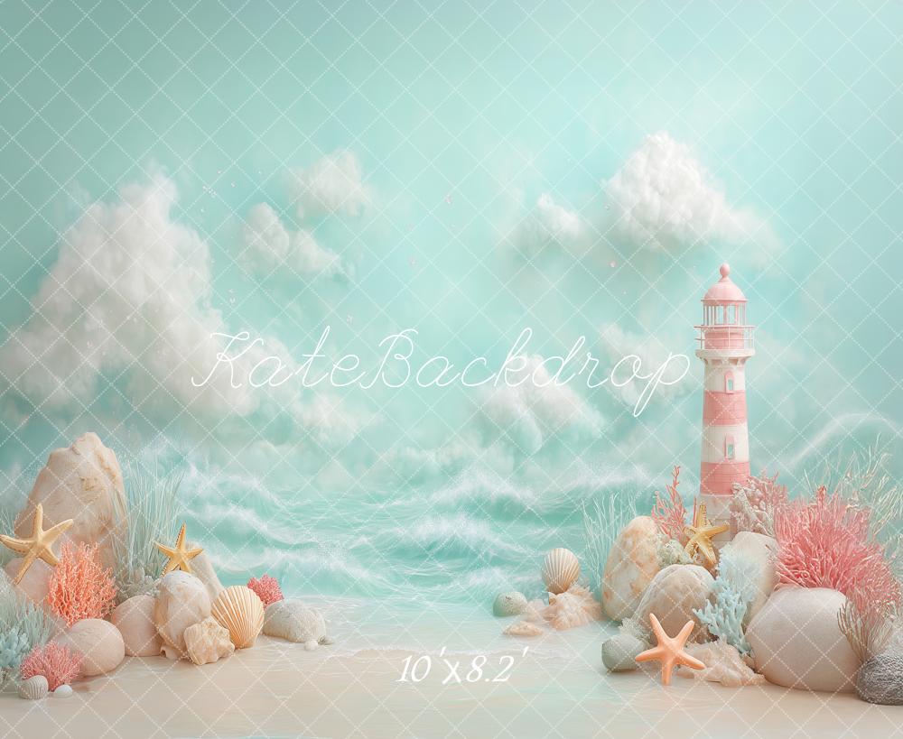 Kate Beach Pastel Lighthouse Starfish Seashells Printed Backdrop Designed by Angela Miller