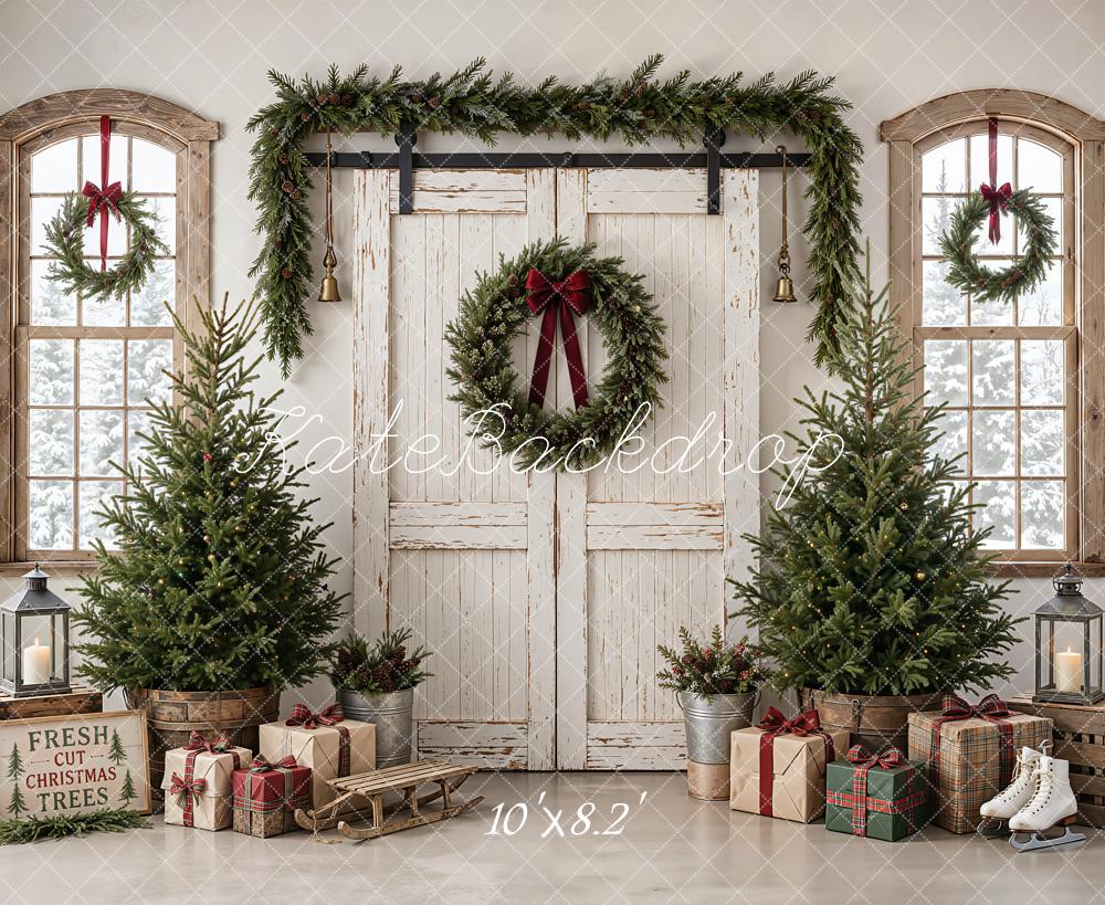 Kate Christmas White Barn Door Trees Wreath Sled Lantern Printed Backdrop Designed by Emetselch