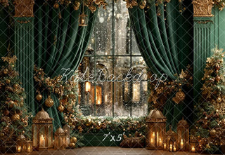 Kate Christmas Green Curtains Window Garland Lanterns Printed Backdrop Designed by Emetselch