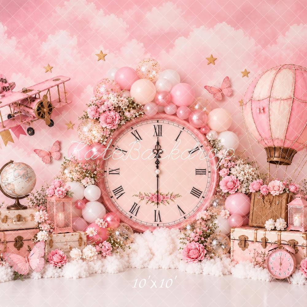 Kate Cake Smash Pink Vintage Clock Floral Hot Air Balloon Travel Printed Backdrop Designed by Ashley Paul