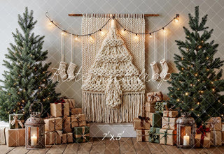 Kate Christmas Boho Macrame Tree Gift Boxes Lanterns Printed Backdrop Designed by Emetselch