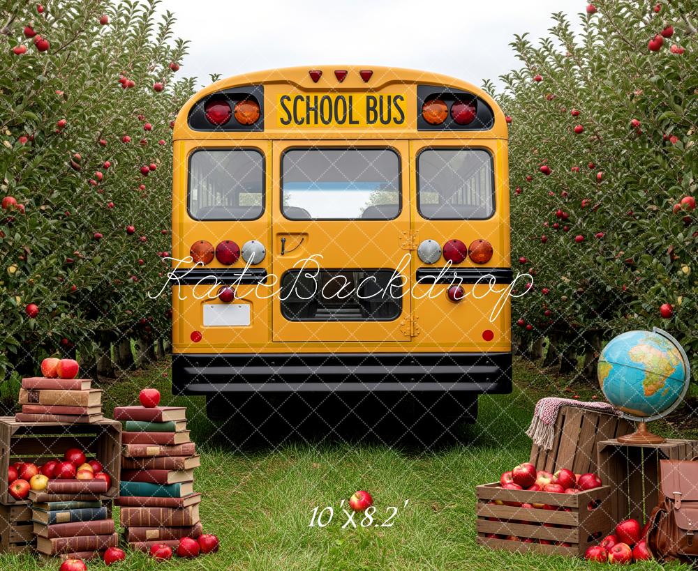 Kate Back to School School Bus Apple Orchard Books Globe Crates Printed Backdrop Designed by Patty Roberts