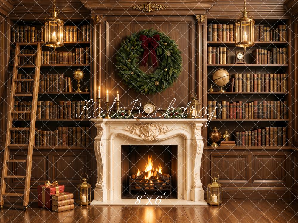 Kate Christmas Fireplace Retro Library Bookshelves Wreath Printed Backdrop Designed by Emetselch