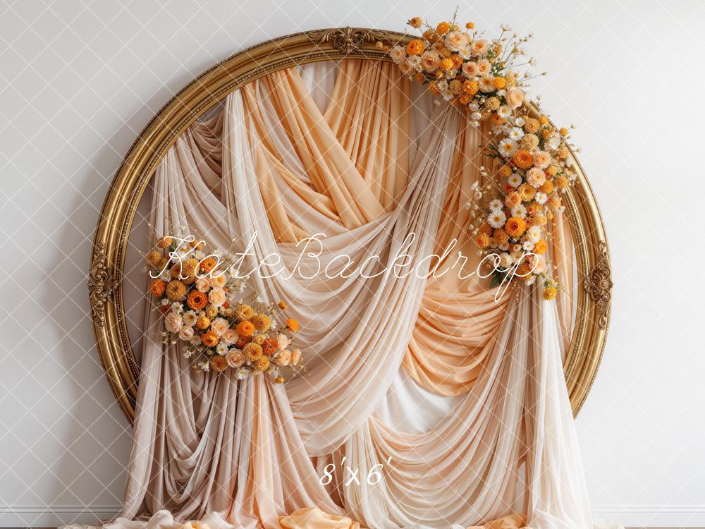 Kate Fall Flower Gold Circle Frame Peach Drapes Printed Backdrop Designed by Mini MakeBelieve