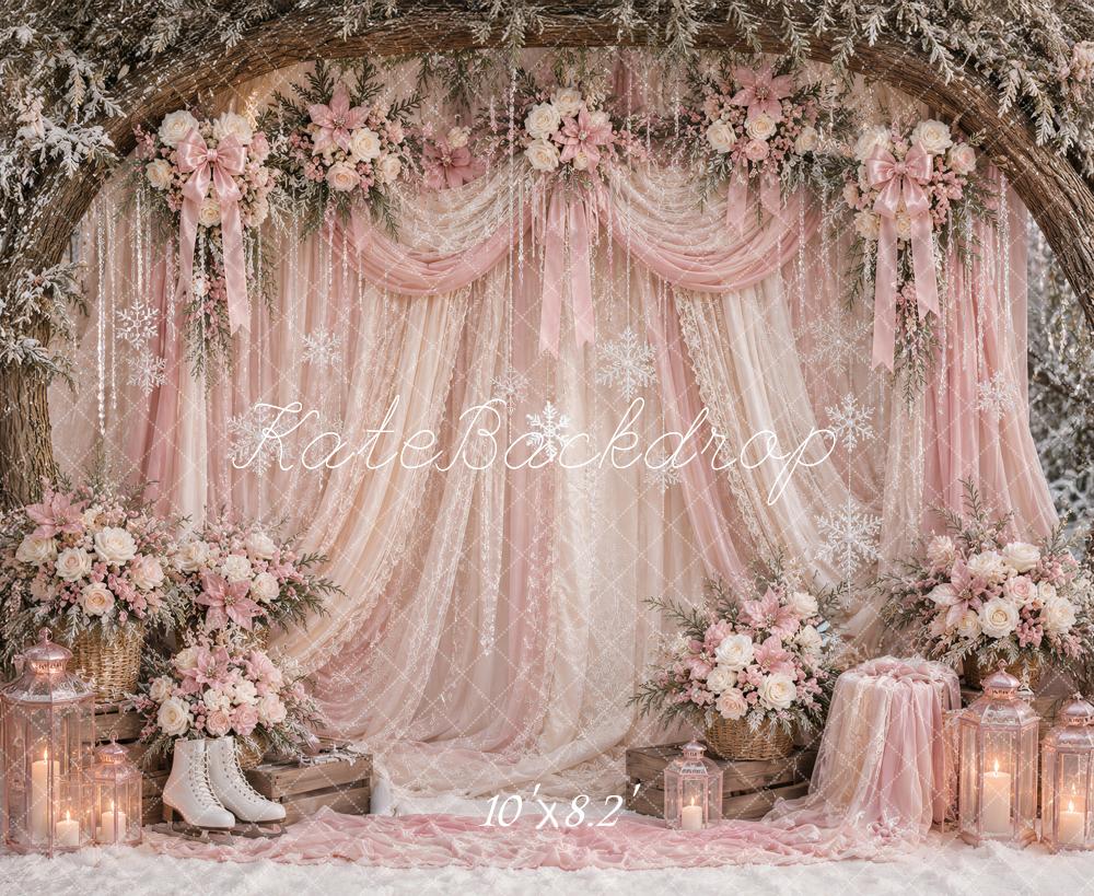 Kate Christmas Winter Pink Lace Drapery Floral Branch Arch Printed Backdrop Designed by Ashley Paul