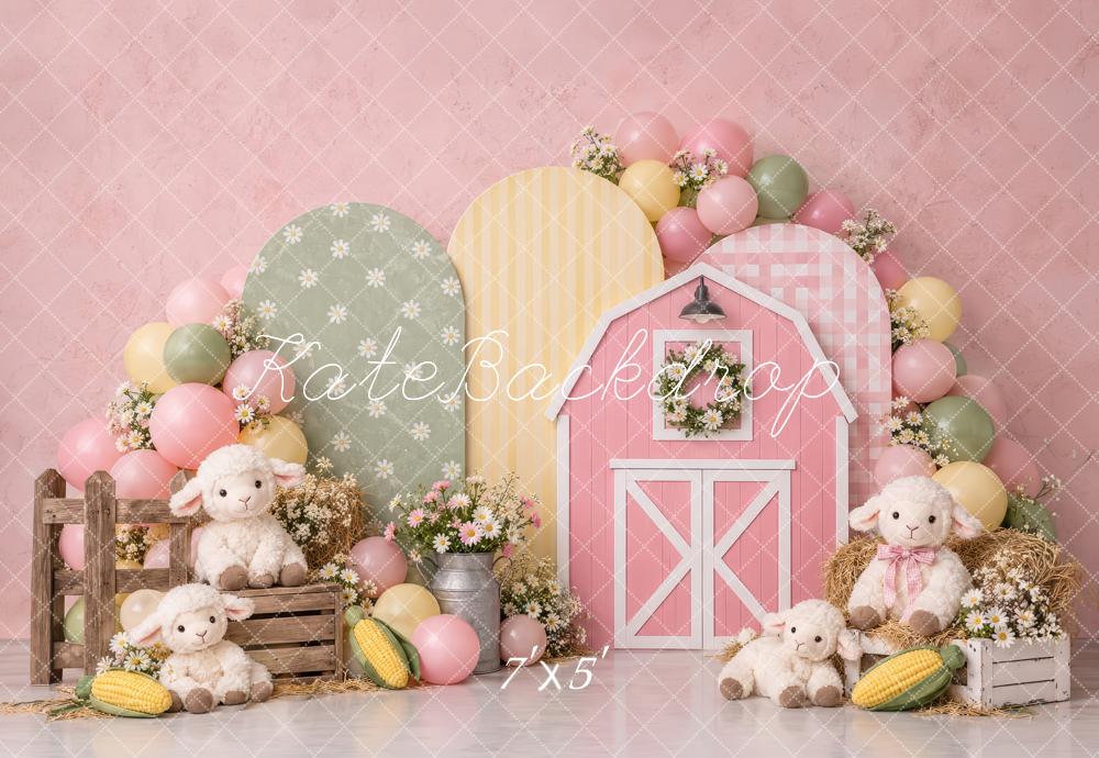 Kate Cake Smash Pink Barn Lambs Balloons Flowers Printed Backdrop Designed by Laura Bybee
