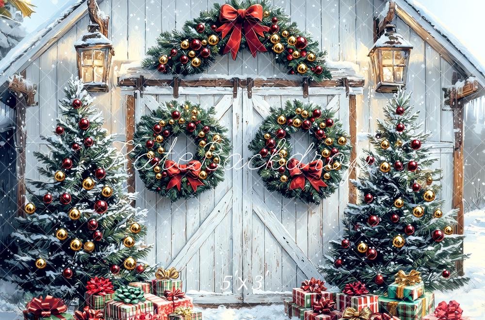 Kate Christmas Tree White Barn Door Wreath Backdrop Designed by Mini MakeBelieve