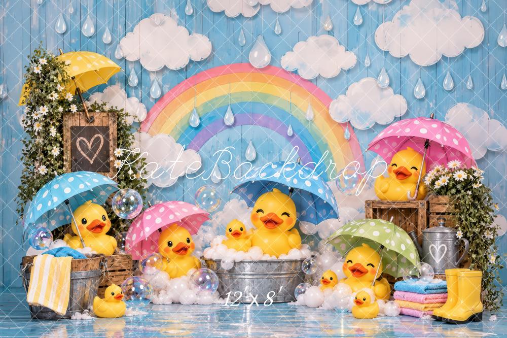 Kate Baby Shower Spring Blue Rainy Day Ducks Umbrellas Rainbow Printed Backdrop Designed by Laura Bybee