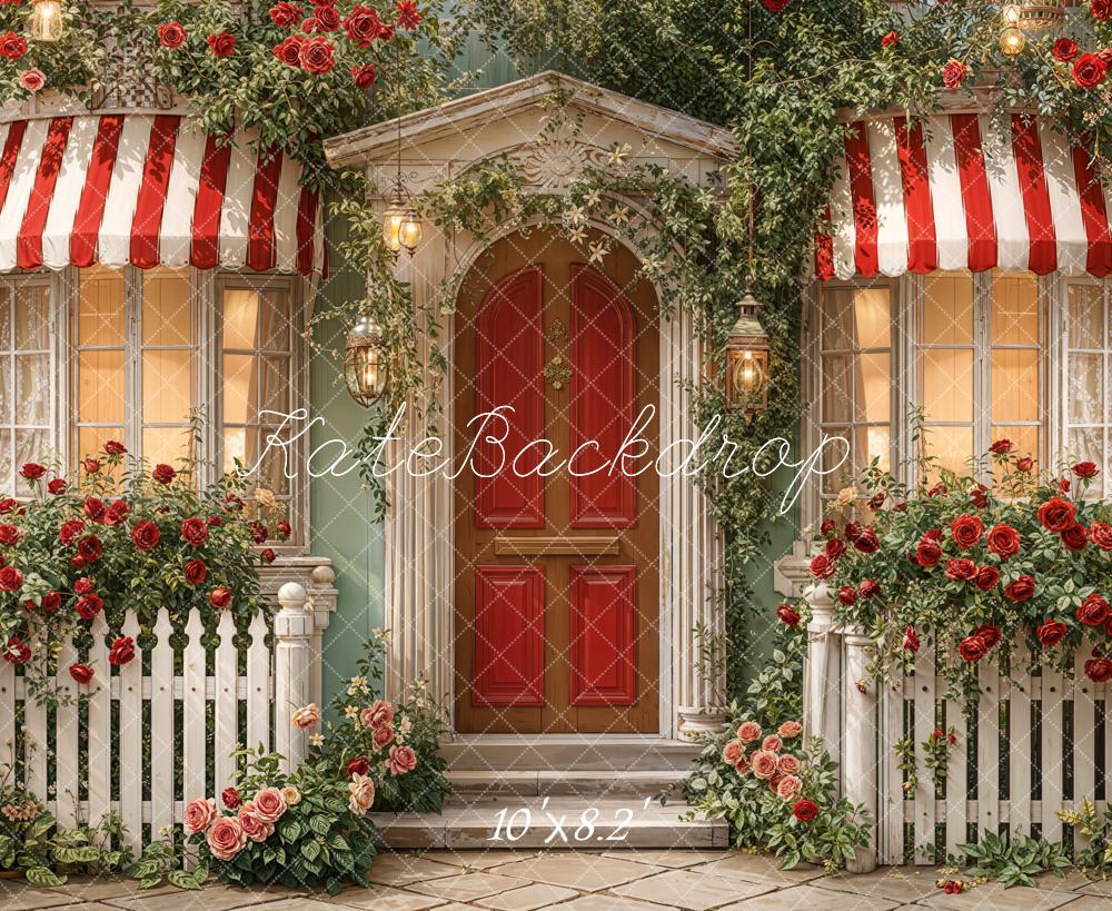 Kate Valentine's Day Red Striped Awning Door Rose Garden Porch Backdrop Designed by Emetselch
