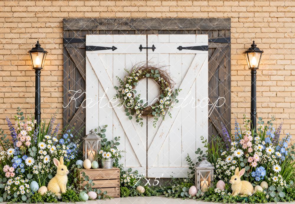 Kate Easter White Barn Door Flower Wreath Bunny Printed Backdrop Designed by Emetselch