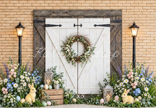 Lightning Deal Kate Easter White Barn Door Flower Wreath Bunny Printed Backdrop Designed by Emetselch