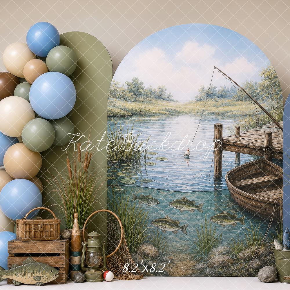 Kate Cake Smash Fishing Dock Boat Lake Scene Printed Backdrop Designed by Shutter Swan Studios