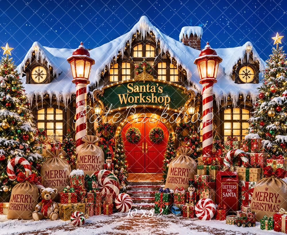 Kate Christmas Night Santa's Workshop Snowy House Presents Candy Canes Printed Backdrop Designed by Emetselch
