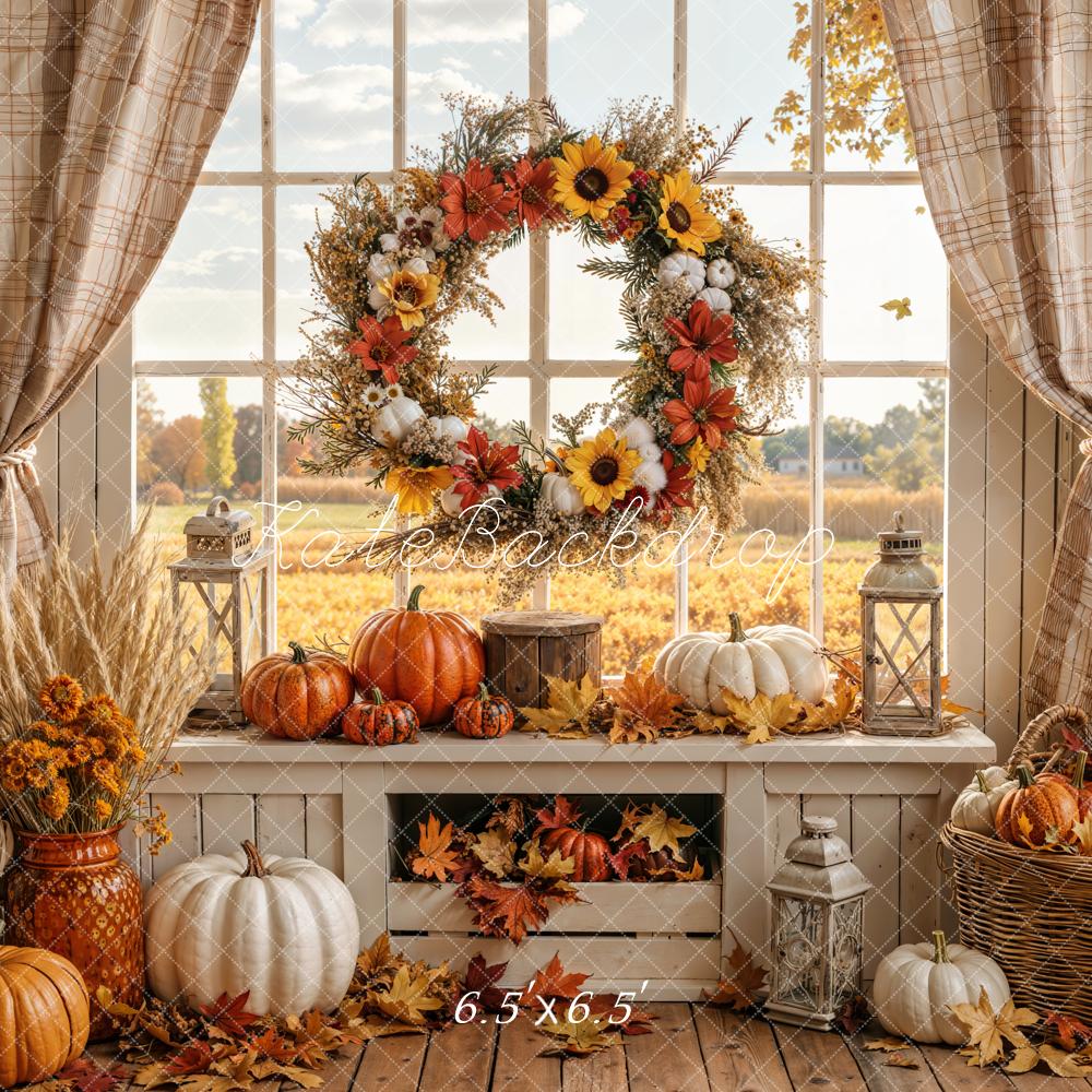 Kate Fall Pumpkin Wreath Window Sunflowers Printed Backdrop Designed by Emetselch