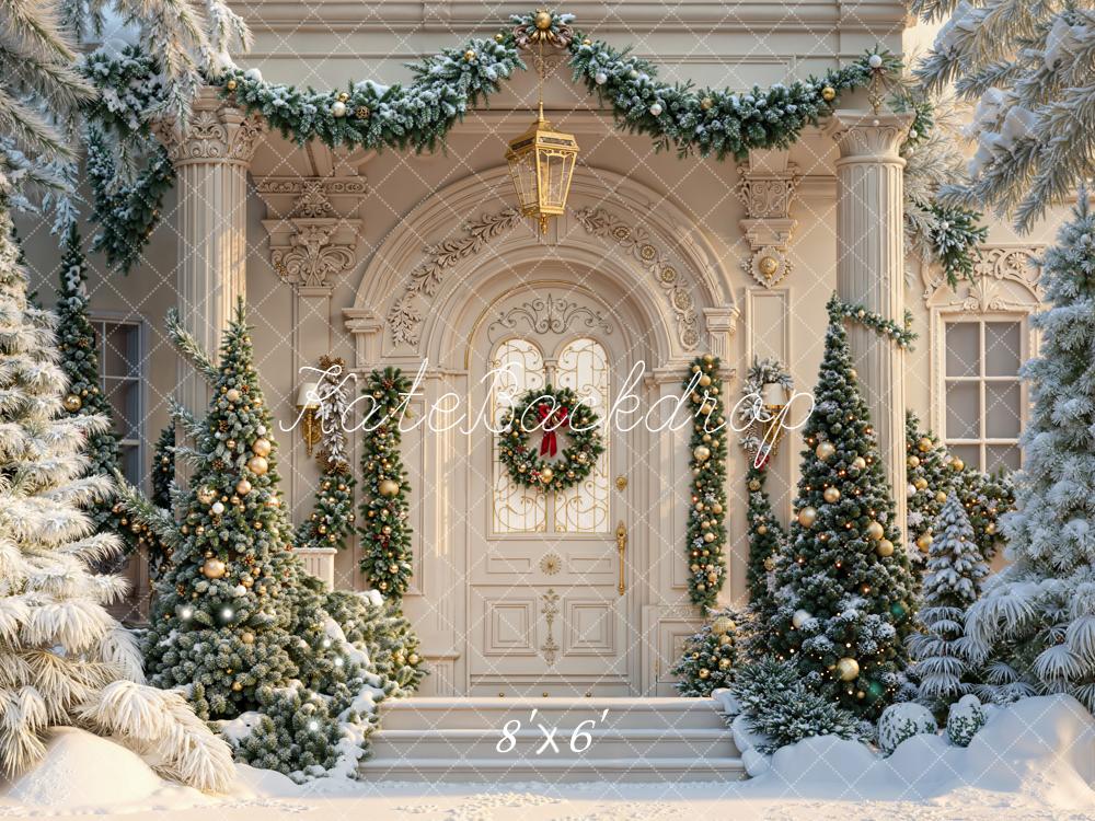 Kate Christmas Tree Snowy Mansion Door Backdrop Designed by Emetselch