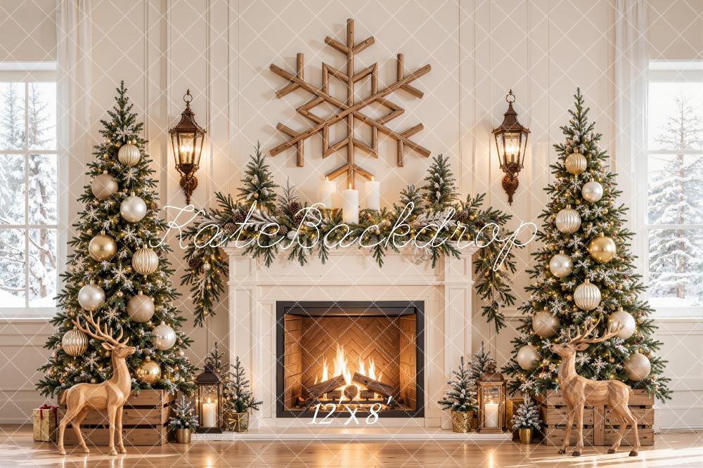 Kate Christmas Fireplace Christmas Trees Deer Printed Backdrop Designed by Emetselch