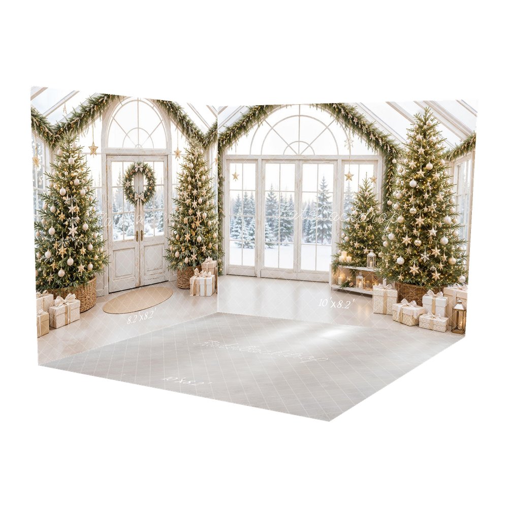 Kate Christmas White Greenhouse Window Tree Gifts Printed Backdrop Room Set