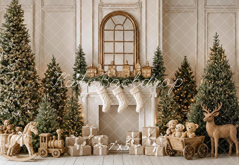 Kate Christmas Fireplace Trees Gifts Wood Reindeer Rocking Horse Printed Backdrop Designed by Emetselch