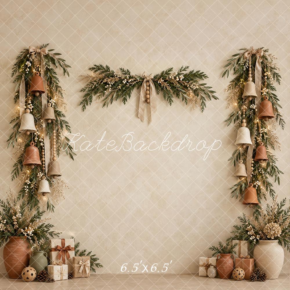 Kate Christmas Boho Bells Greenery Neutral Gifts Printed Backdrop Designed by Vertigo Productions