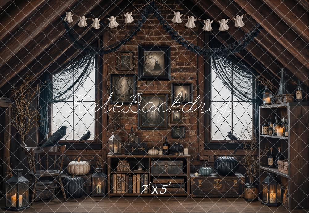 Kate Halloween Attic Ravens Black Pumpkins Brick Wall Printed Backdrop Designed by Emetselch