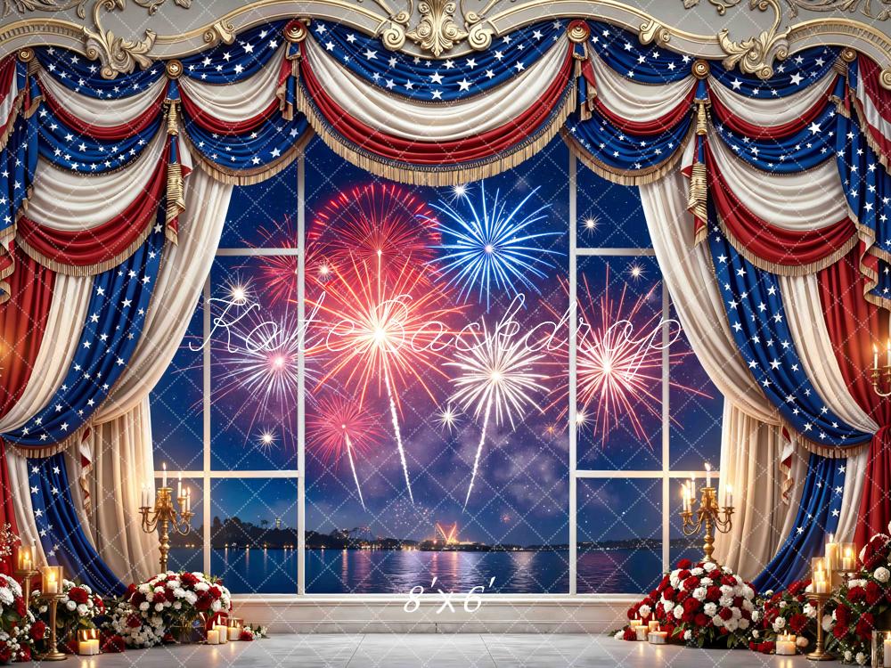 Kate Independence Day Window Fireworks Red White Blue Drapes Printed Backdrop Designed by Mini MakeBelieve