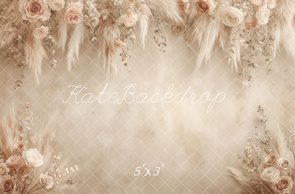 Kate Boho Beige Flower Arch Pampas Grass Roses Printed Backdrop Designed by Angela Miller