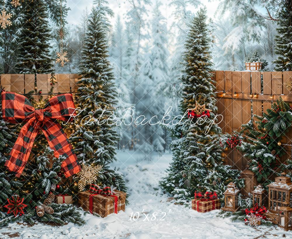 Kerstboom Sneeuwachtig Bos Strik Cadeaus Foto Achtergrond Designed by Emetselch