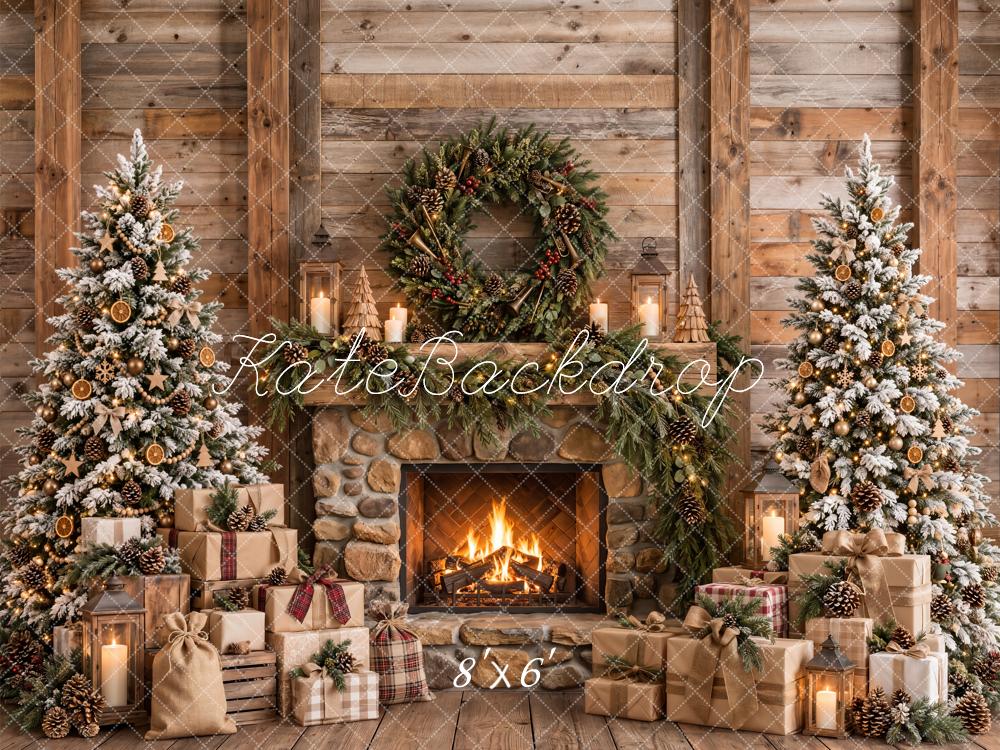 Kate Christmas Rustic Fireplace Trees Wreath Printed Backdrop Designed by Emetselch