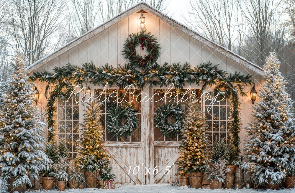 Kerst Rustic Cabin Snowy Trees Foto Achtergrond Designed by Emetselch
